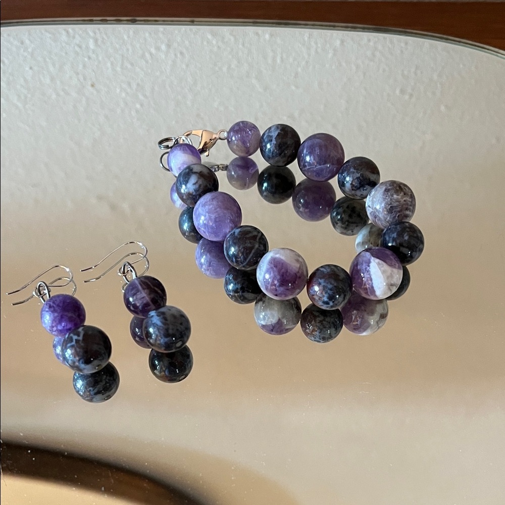 Purple and Black Beaded Jewelry Set bracelet and earrings
